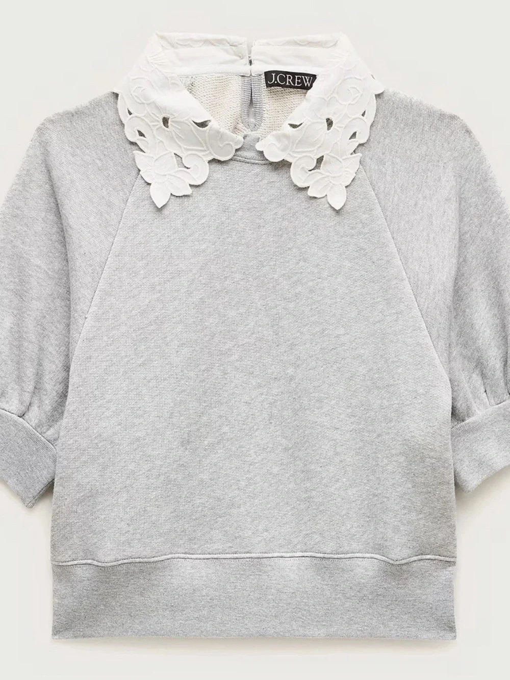 J. Crew Light Gray Sweatshirt with White Floral Lace Collar NWT